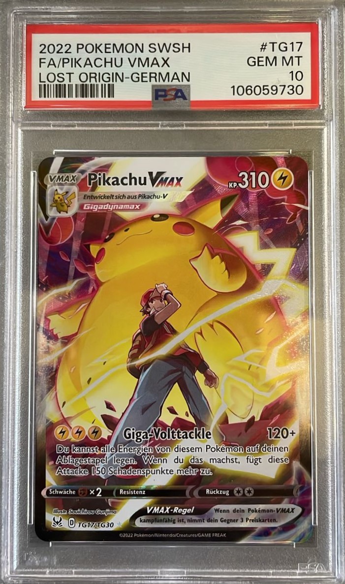 2022 Pokémon Sword & Shield Lost Origin FA/Pikachu VMAX TG17 GEM MT PSA 10 (German)